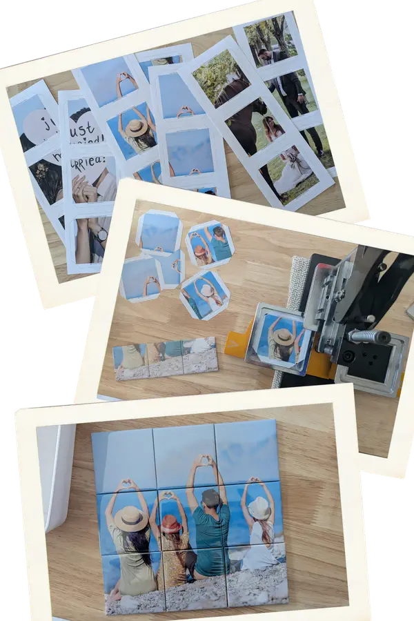 Collage showing photo magnets being printed, pressed, and arranged into a finished keepsake