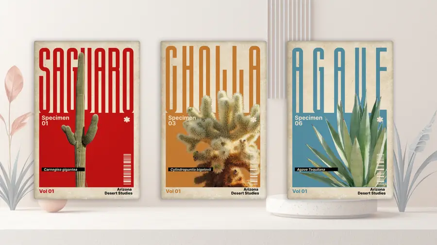 Arizona Desert Studies hero arrangement featuring Saguaro, Cholla, and Agave portrait magnets