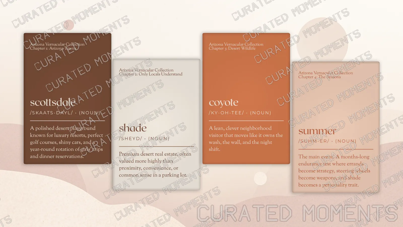 Arizona Vernacular hero arrangement showing Scottsdale, Shade, Coyote, and Summer dictionary-style magnets