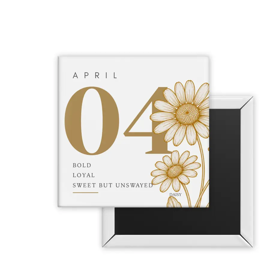 April Daisy Birth Month Blooms square magnet mockup in golden tan