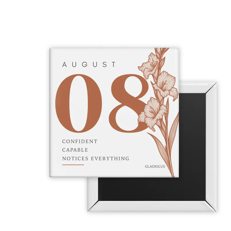August Gladiolus Birth Month Blooms square magnet mockup in warm terracotta