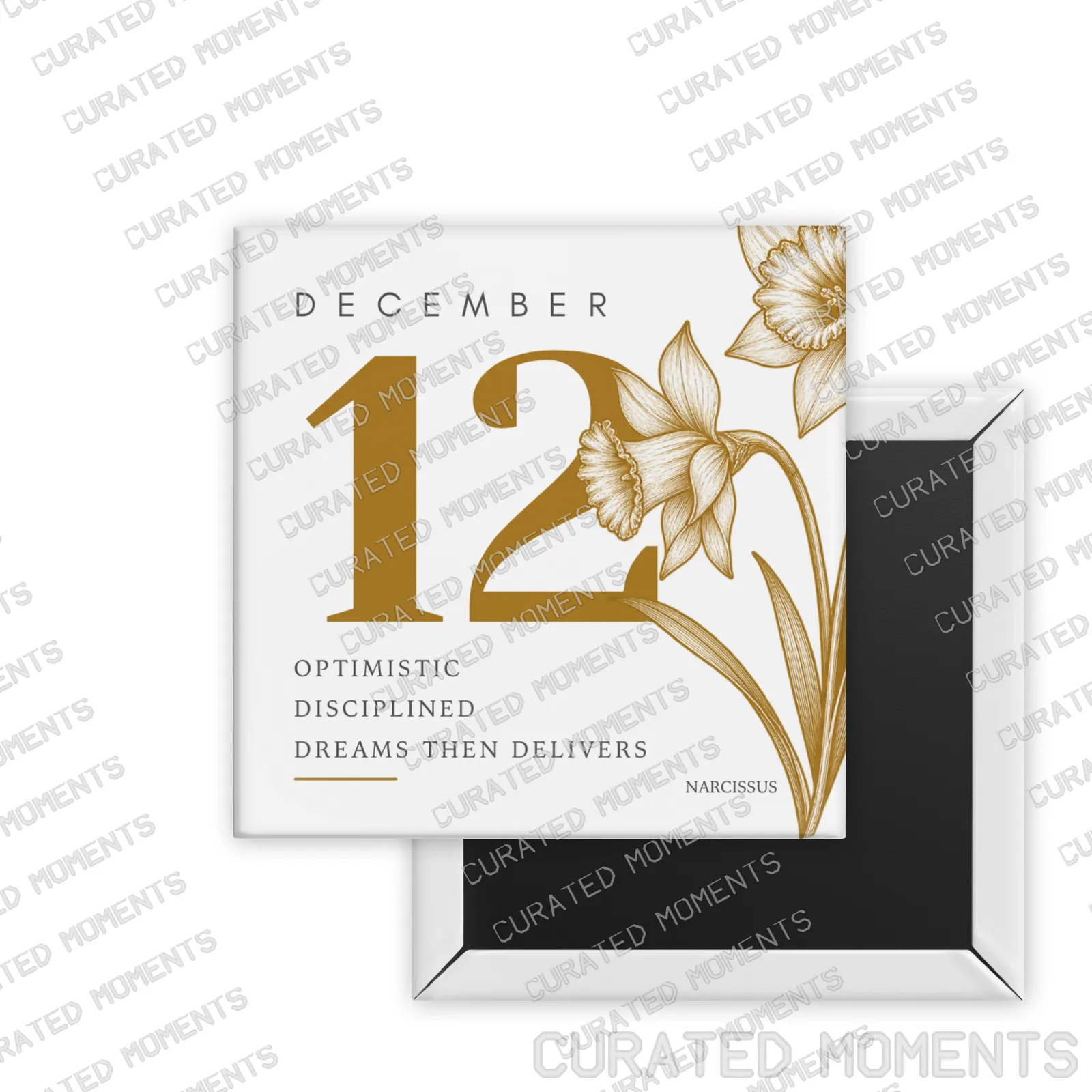 December Narcissus Birth Month Blooms square magnet mockup in golden ochre
