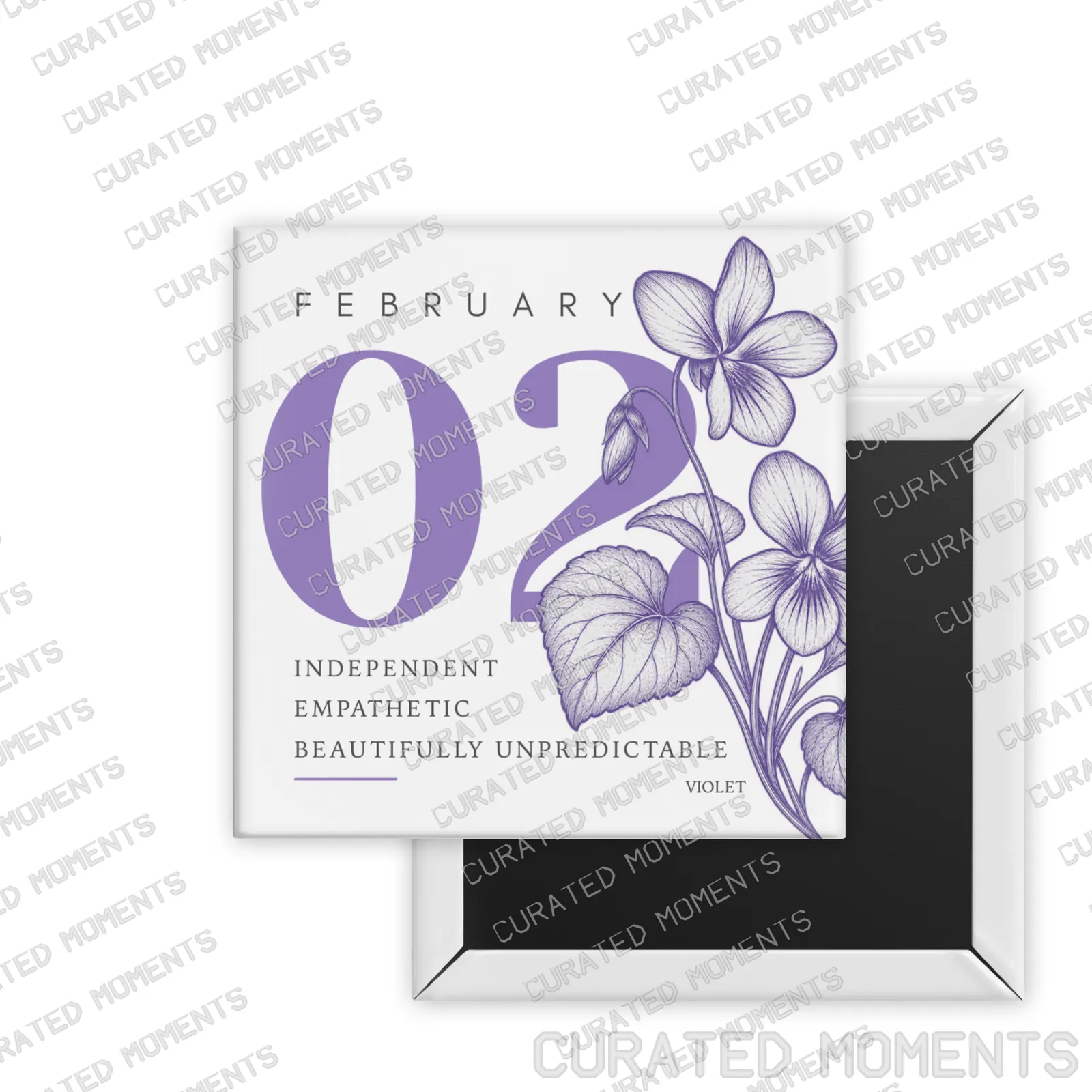 February Violet Birth Month Blooms square magnet mockup in purple