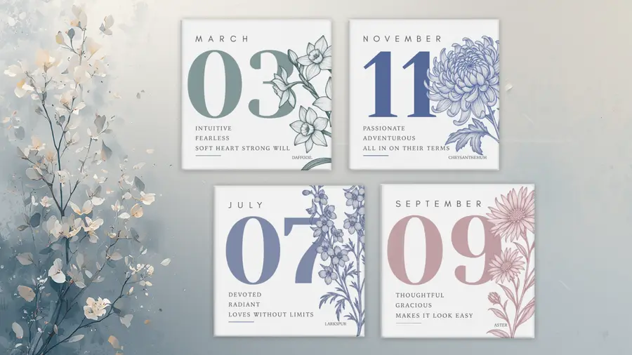 Birth Month Blooms arrangement featuring March, July, September, and November floral magnets