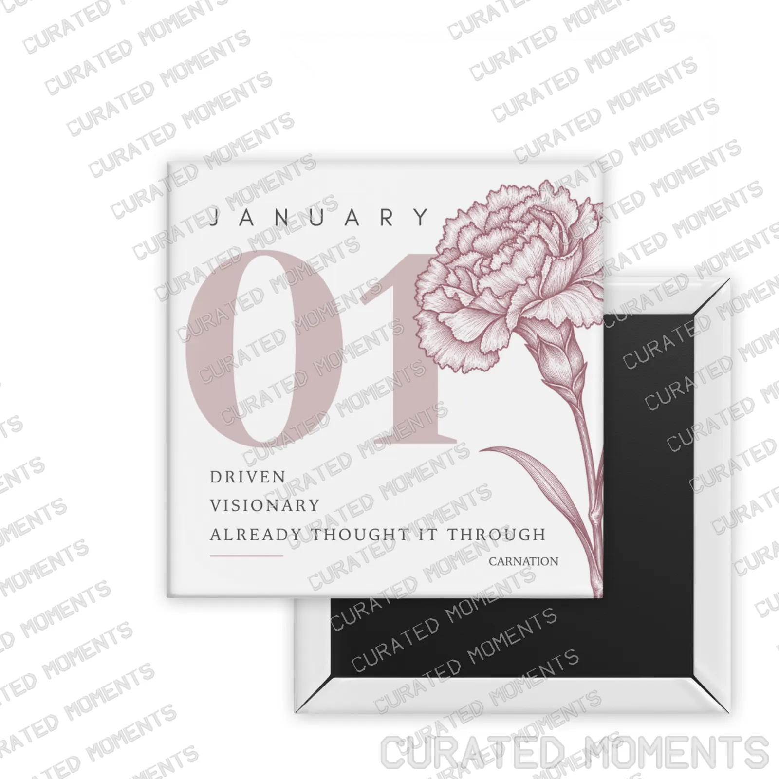 January Carnation Birth Month Blooms square magnet mockup in blush