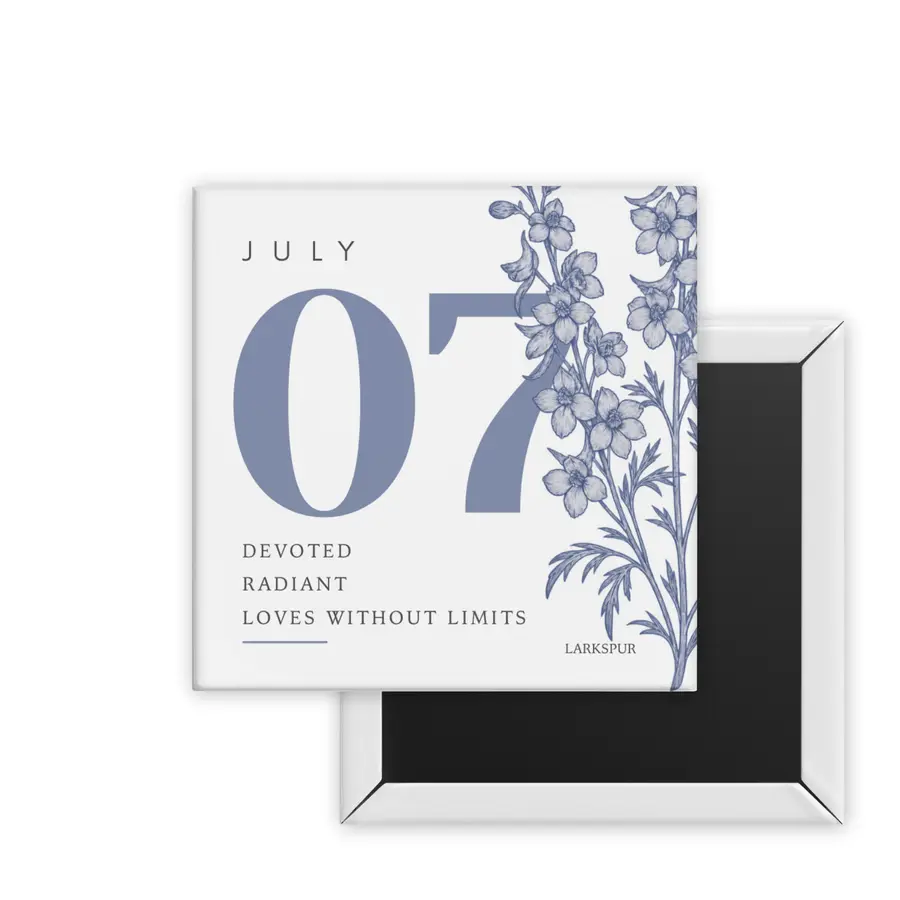 July Larkspur Birth Month Blooms square magnet mockup in periwinkle blue