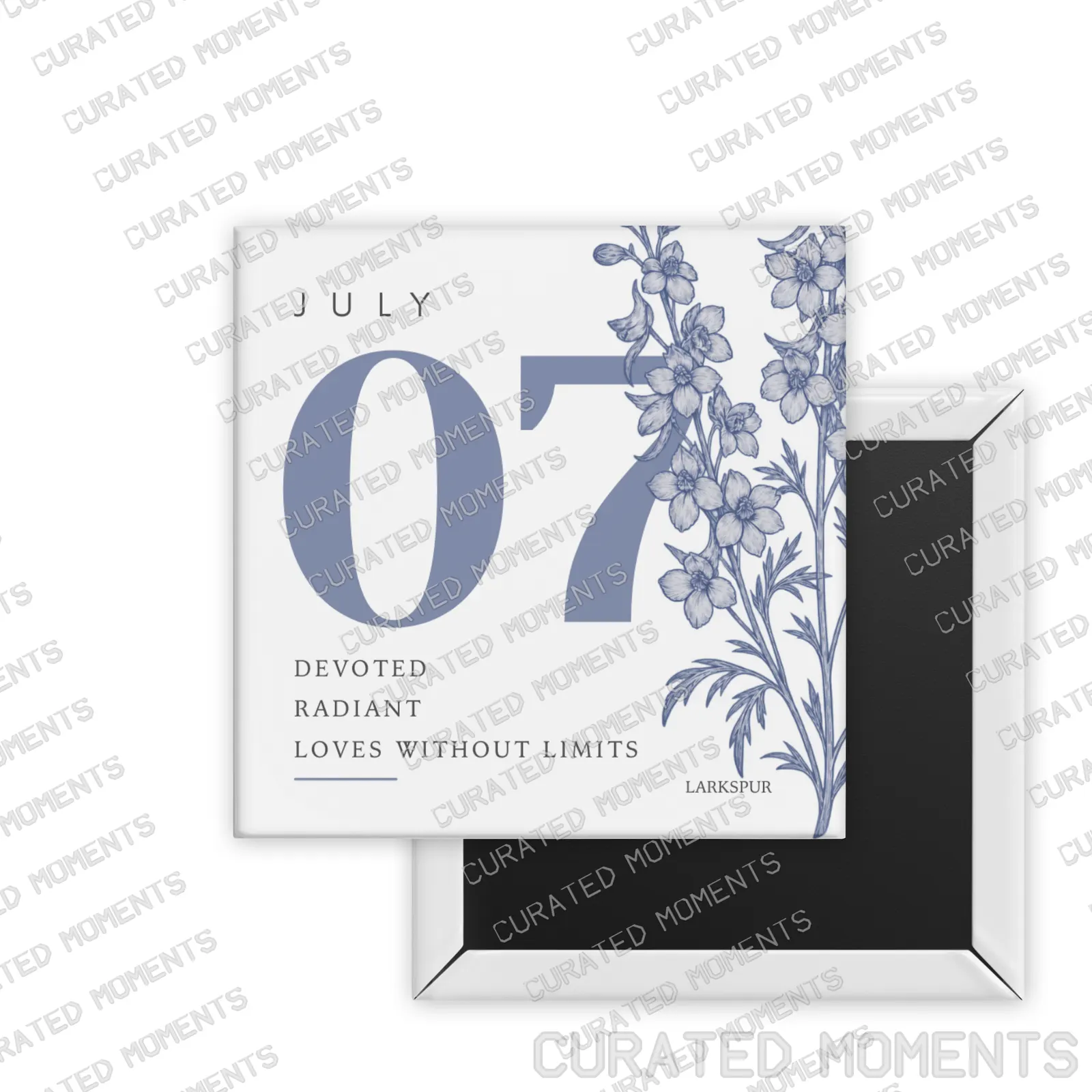 July Larkspur Birth Month Blooms square magnet mockup in periwinkle blue