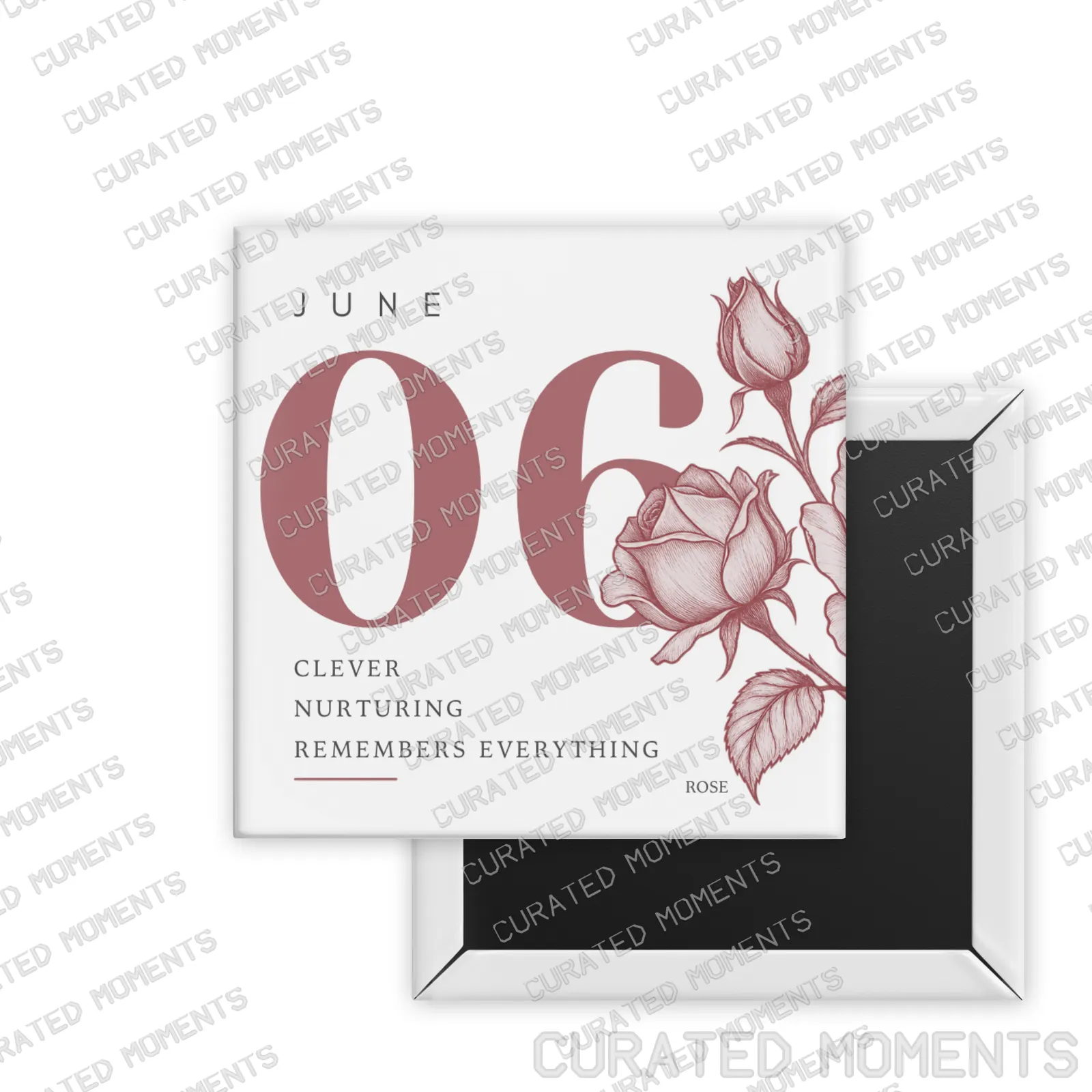 June Rose Birth Month Blooms square magnet mockup in muted rose
