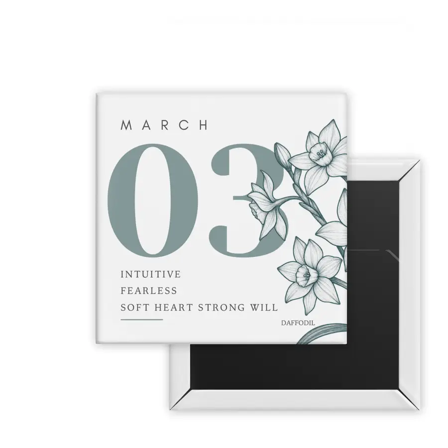 March Daffodil Birth Month Blooms square magnet mockup in soft blue-green
