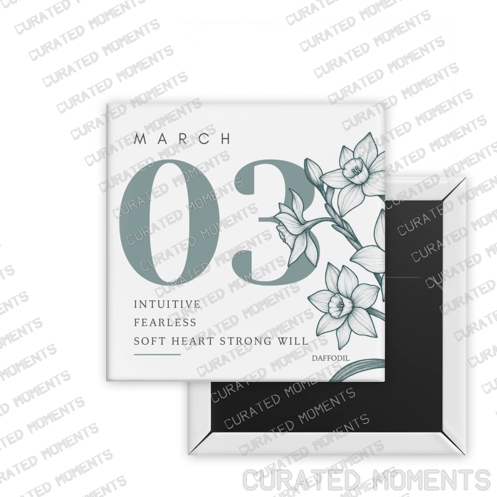 March Daffodil Birth Month Blooms square magnet mockup in soft blue-green