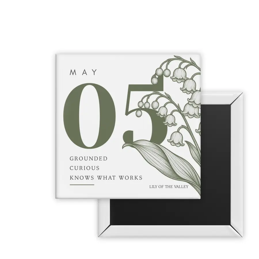 May Lily of the Valley Birth Month Blooms square magnet mockup in olive green