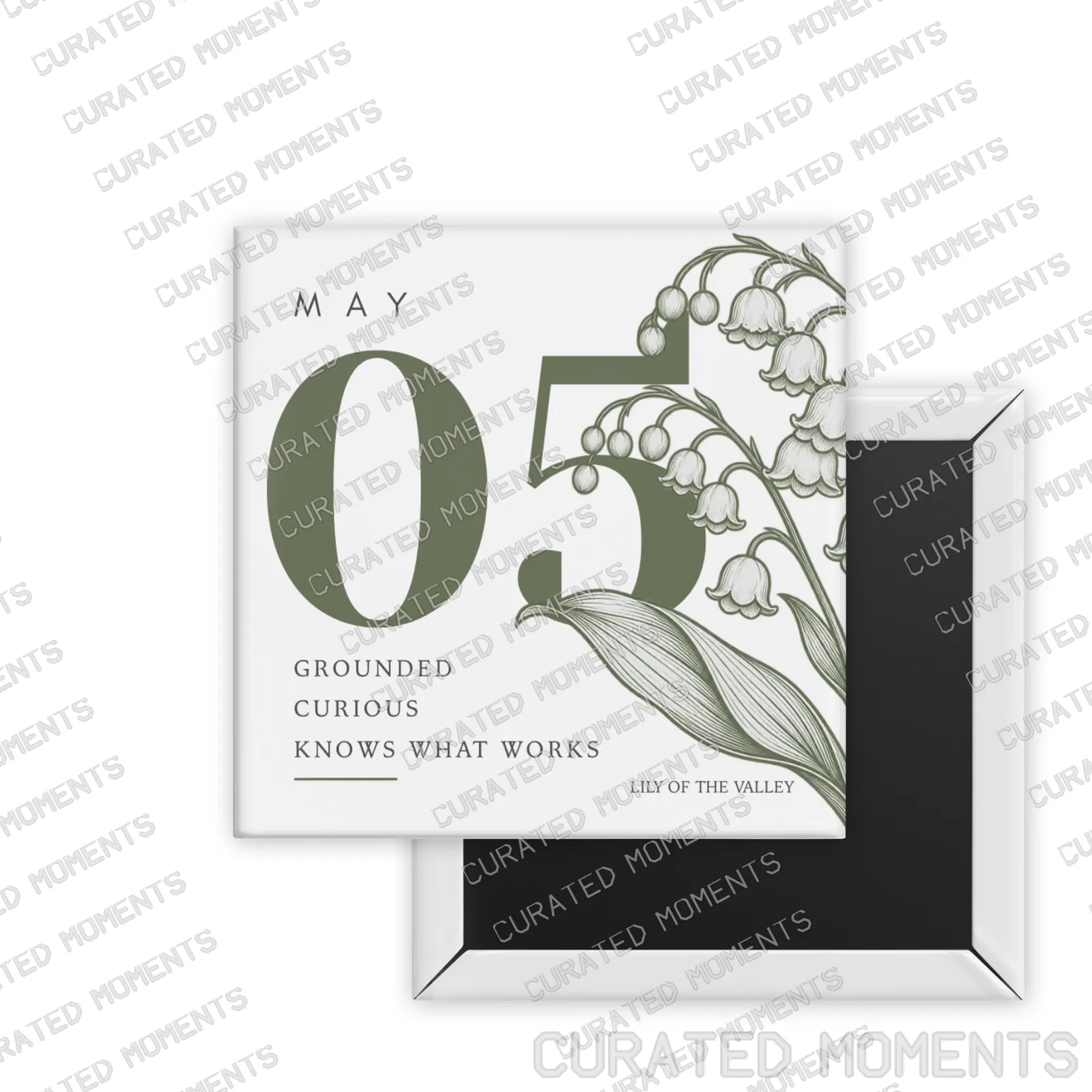 May Lily of the Valley Birth Month Blooms square magnet mockup in olive green