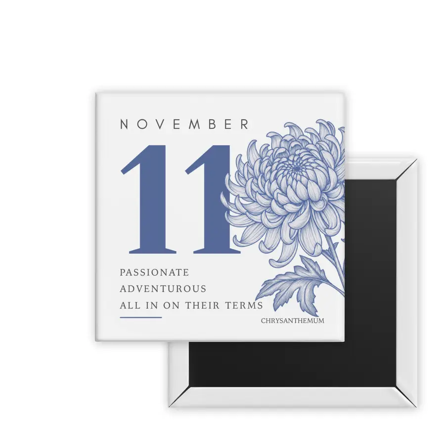 November Chrysanthemum Birth Month Blooms square magnet mockup in cornflower blue