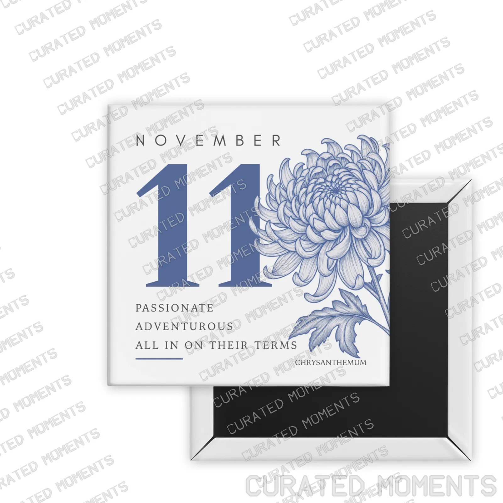 November Chrysanthemum Birth Month Blooms square magnet mockup in cornflower blue