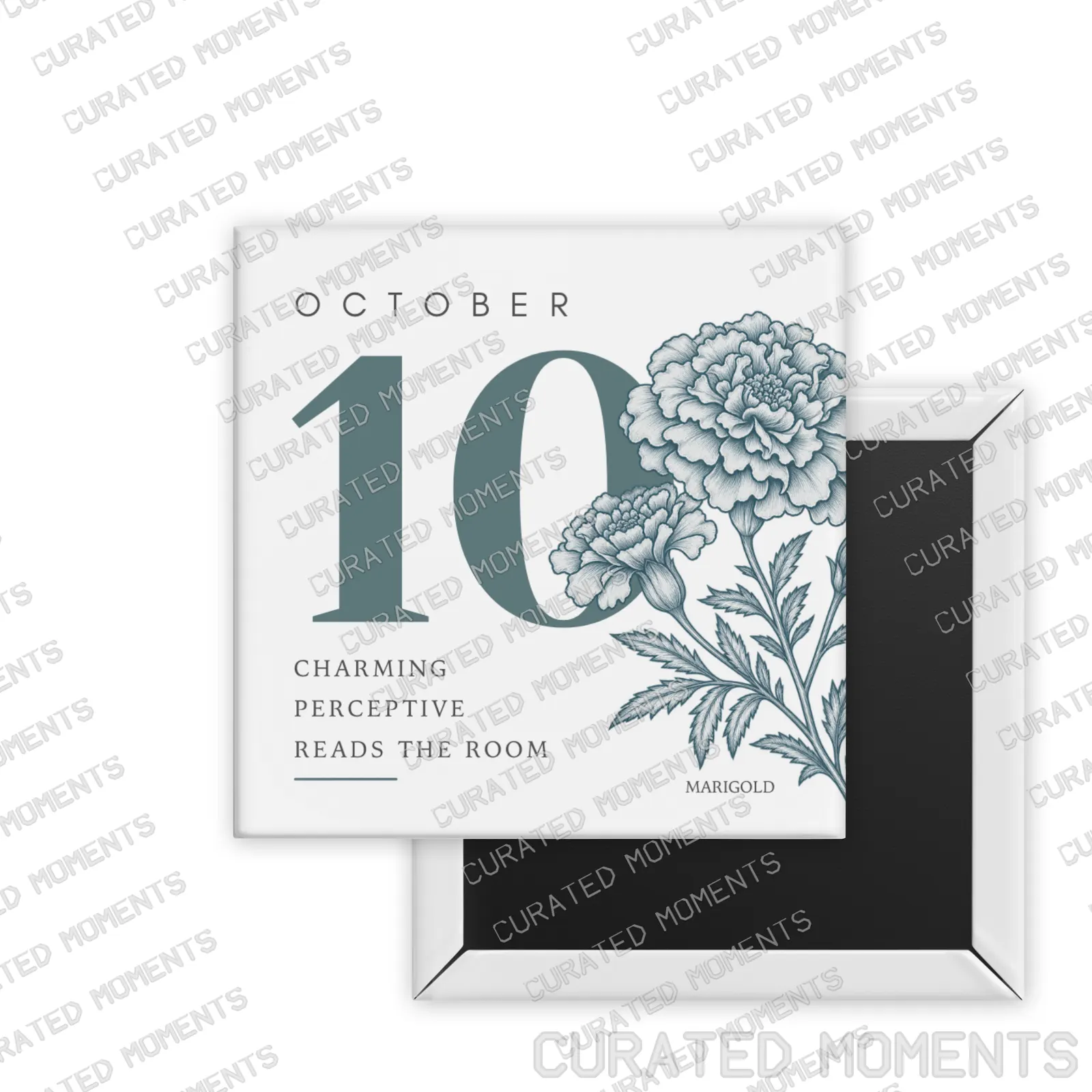 October Marigold Birth Month Blooms square magnet mockup in deep blue-green
