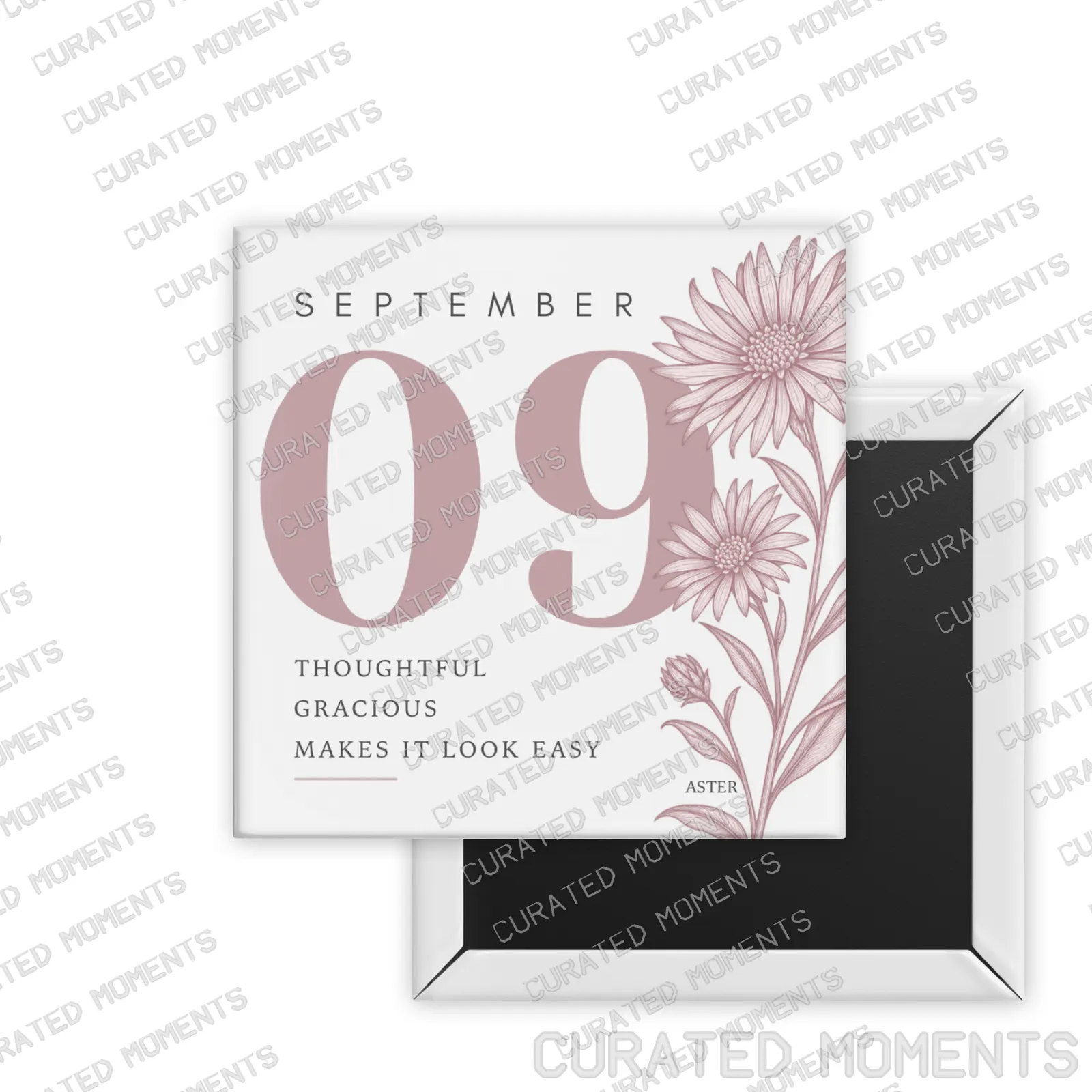 September Aster Birth Month Blooms square magnet mockup in dusty pink