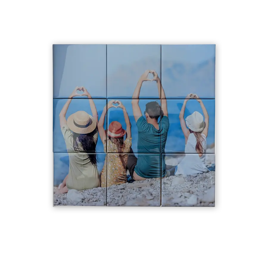 Nine-piece custom photo magnet puzzle featuring a family at the beach