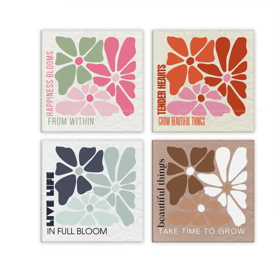 Bloom From Within set of four square botanical magnets in pink, green, orange, navy and warm neutral colorways