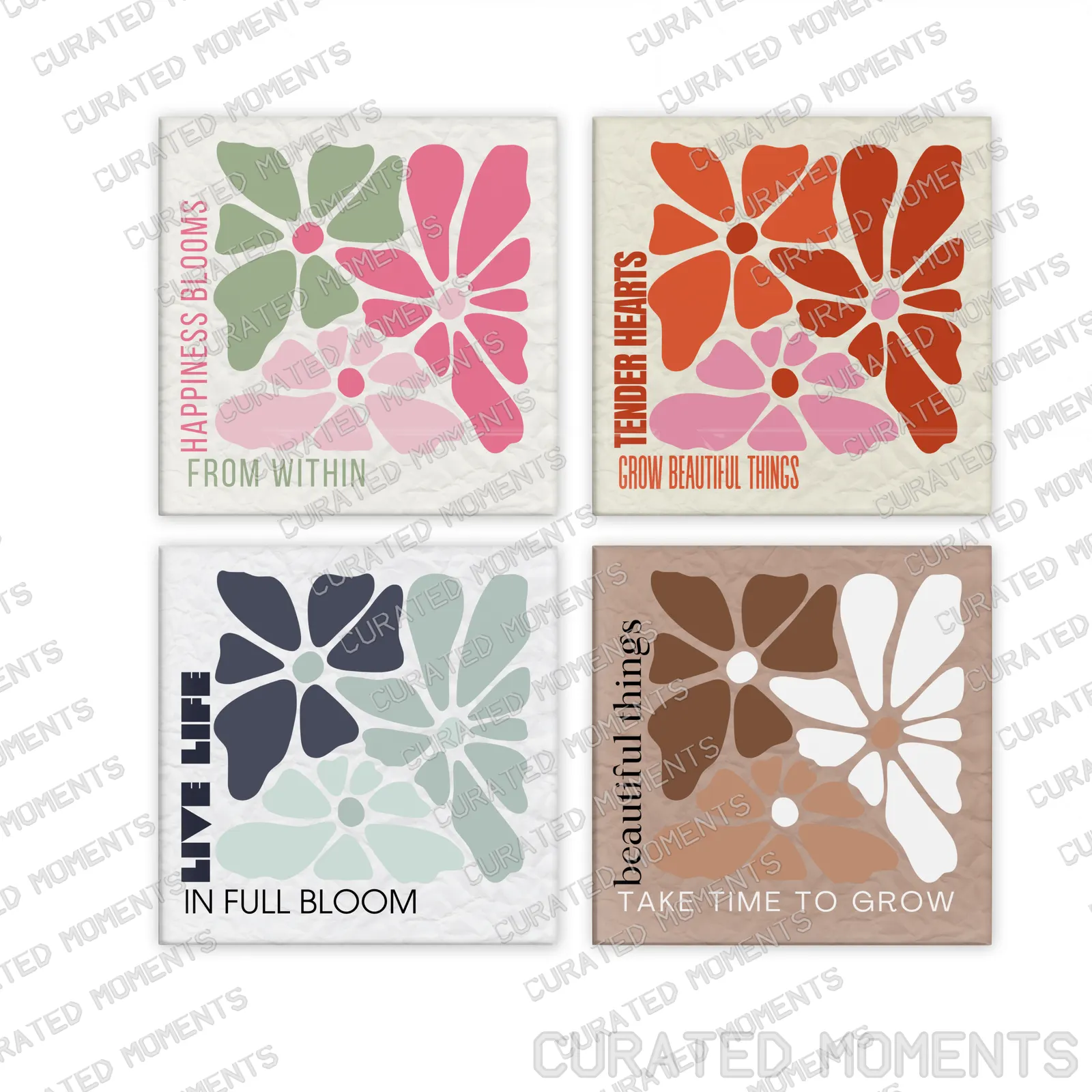 Bloom From Within set of four square botanical magnets in pink, green, orange, navy and warm neutral colorways