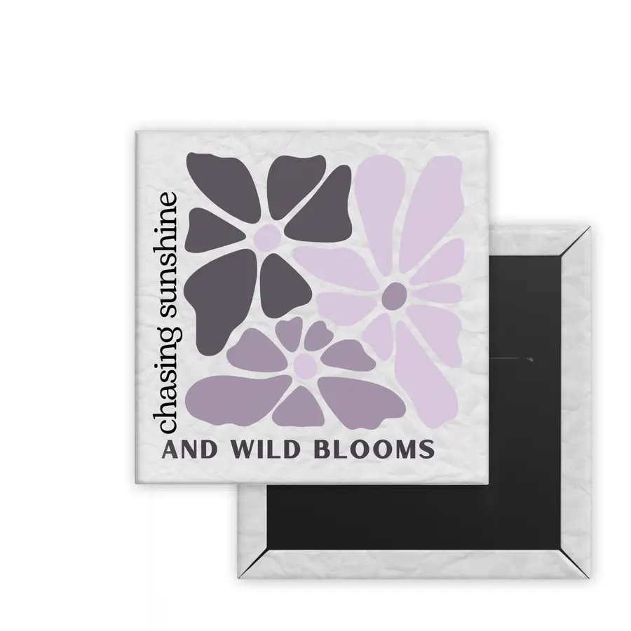 Chasing Sunshine Daily Bloom square magnet mockup with charcoal and lavender botanical artwork