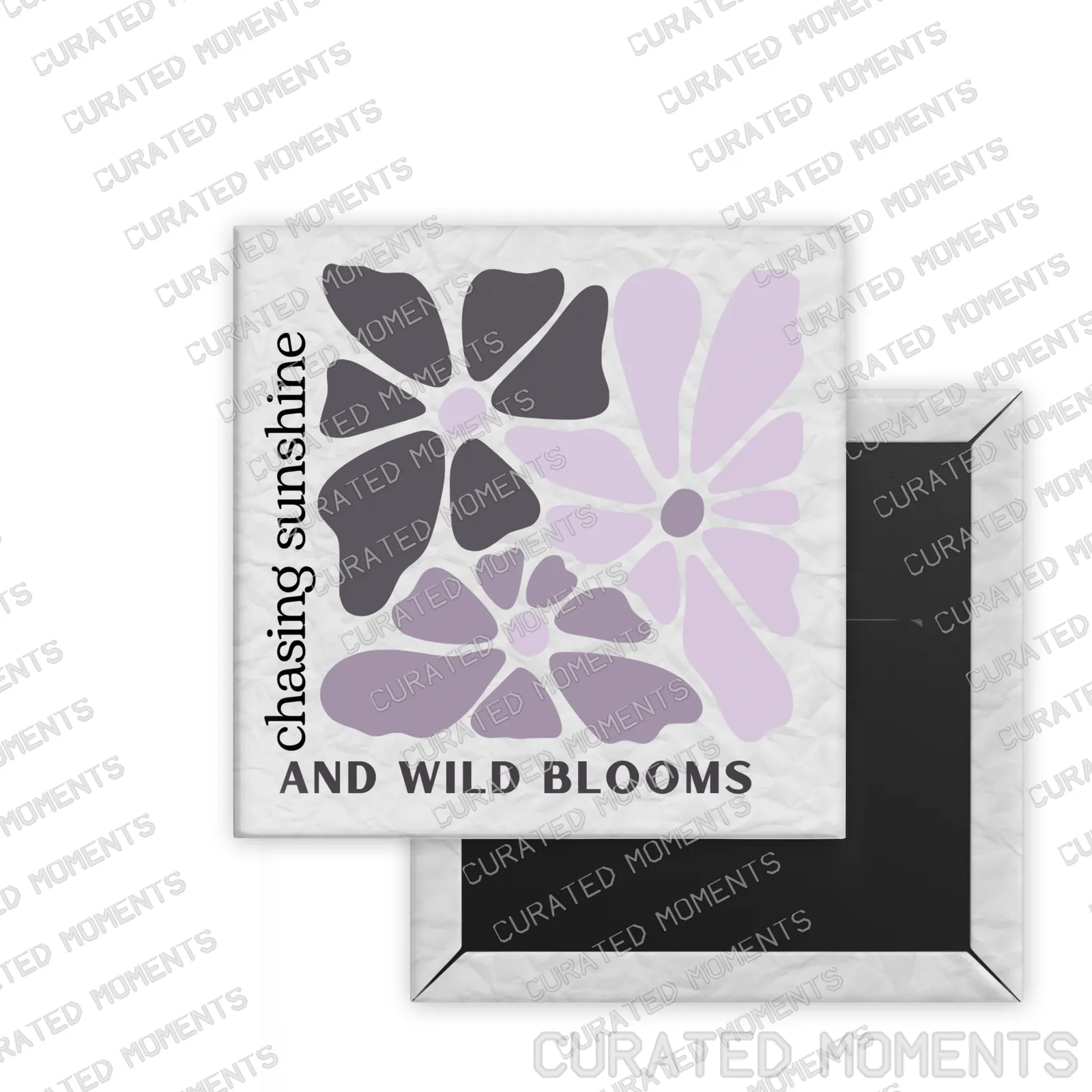 Chasing Sunshine Daily Bloom square magnet mockup with charcoal and lavender botanical artwork