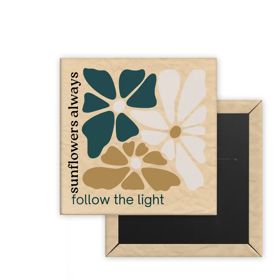 Follow the Light Daily Bloom square magnet mockup with teal, white and golden tan botanical artwork