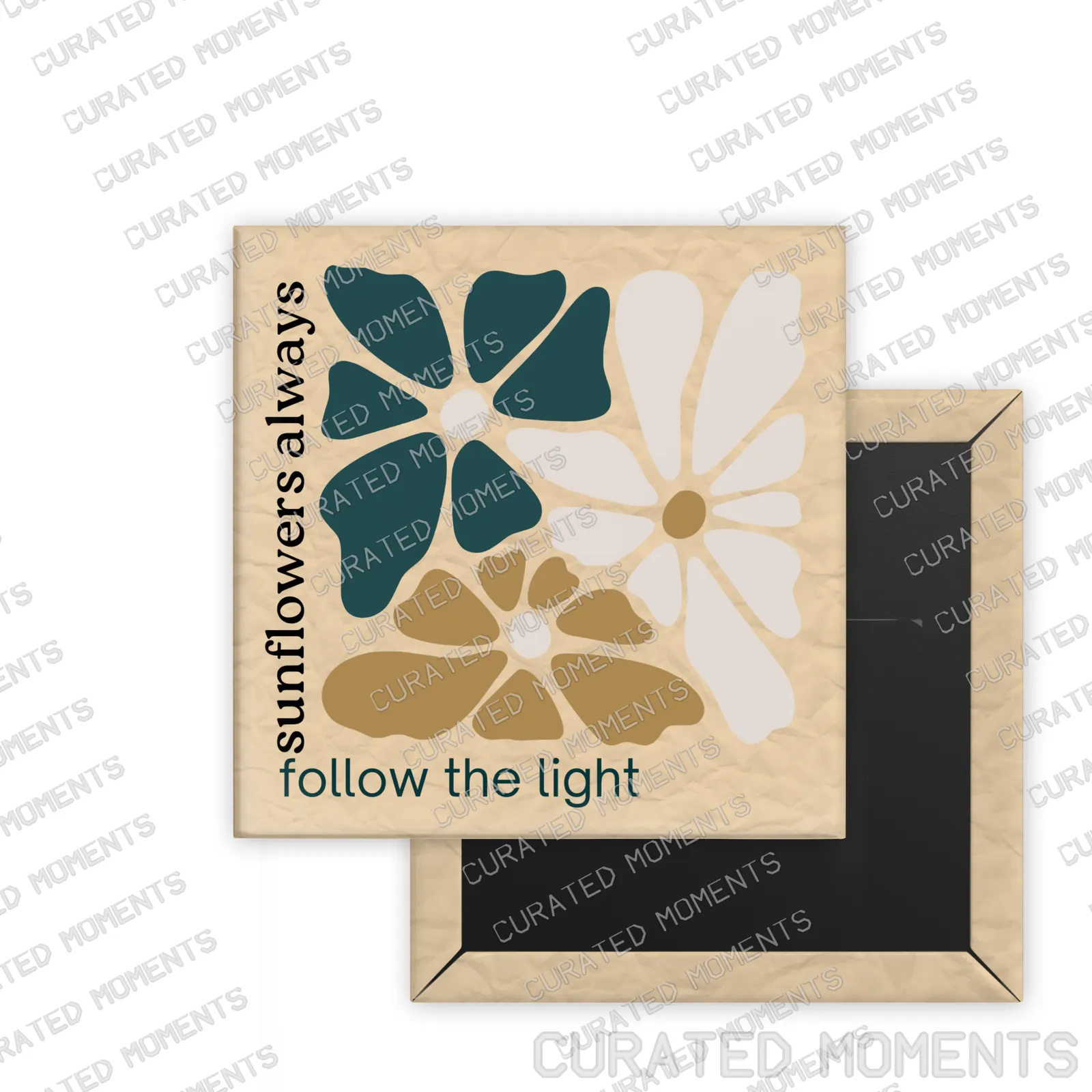 Follow the Light Daily Bloom square magnet mockup with teal, white and golden tan botanical artwork