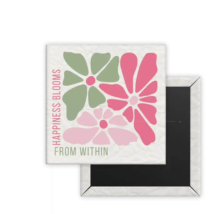 Happiness Blooms from Within Daily Bloom square magnet mockup with pink and sage botanical artwork