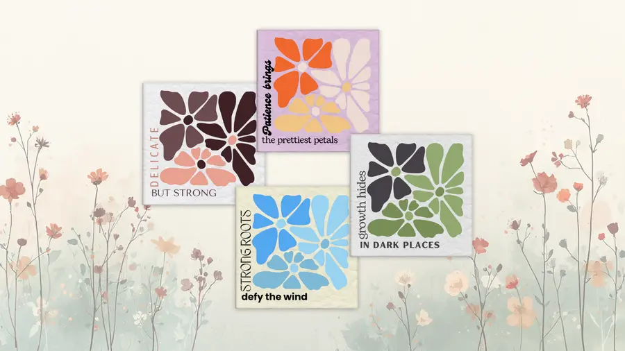 Daily Bloom hero arrangement featuring four colorful botanical magnet designs against a soft field of flowers
