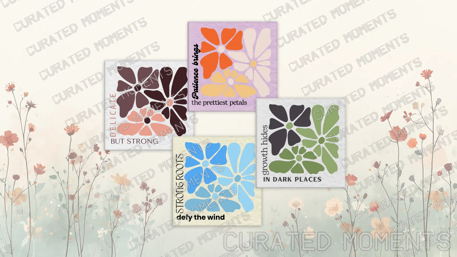 Daily Bloom hero arrangement featuring four colorful botanical magnet designs against a soft field of flowers