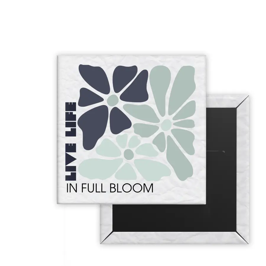 Life in Full Bloom Daily Bloom square magnet mockup with navy and pale blue-green botanical artwork