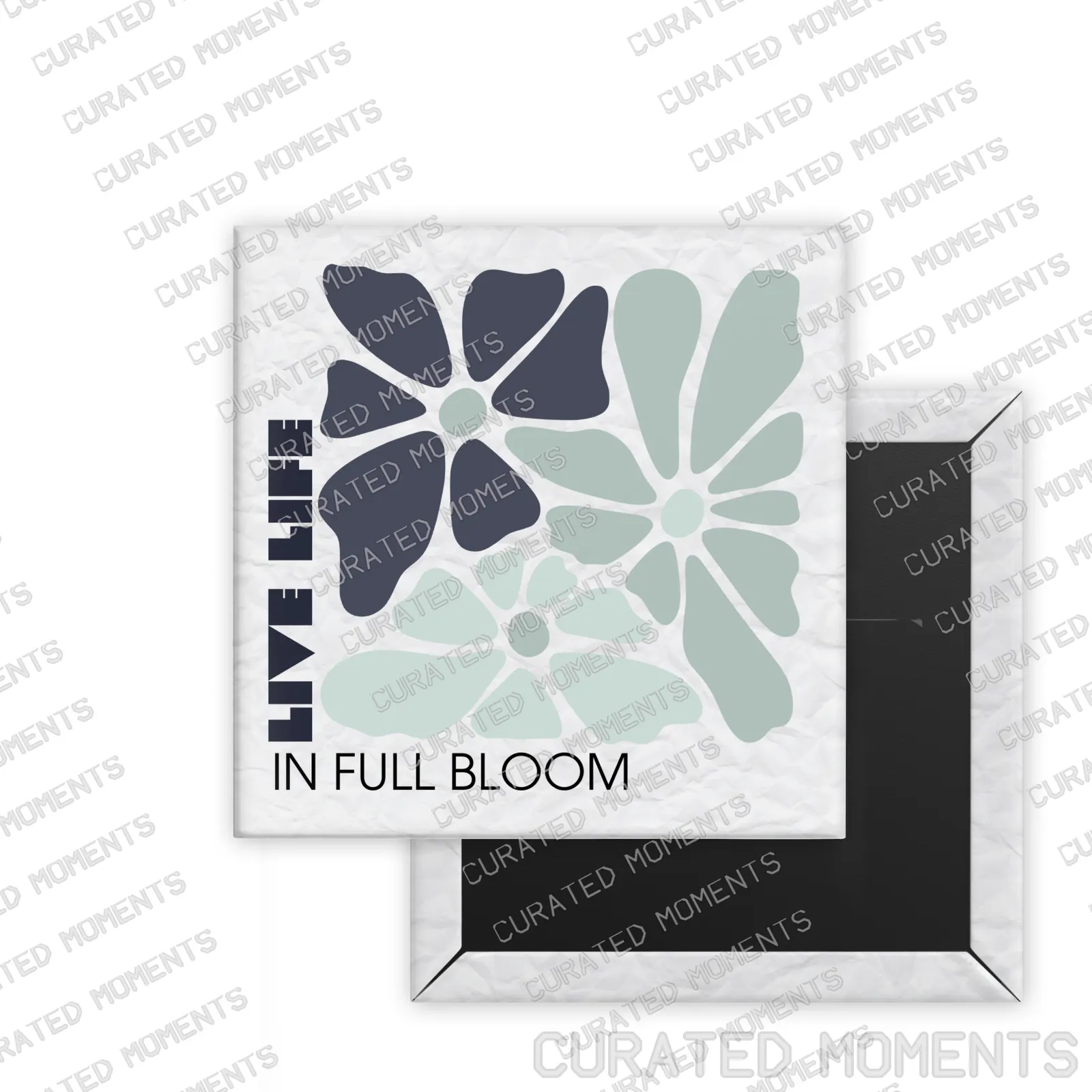 Life in Full Bloom Daily Bloom square magnet mockup with navy and pale blue-green botanical artwork