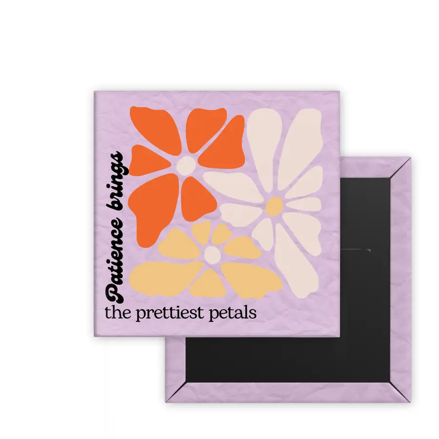 Prettiest Petals Daily Bloom square magnet mockup with orange, cream and yellow flowers on lavender