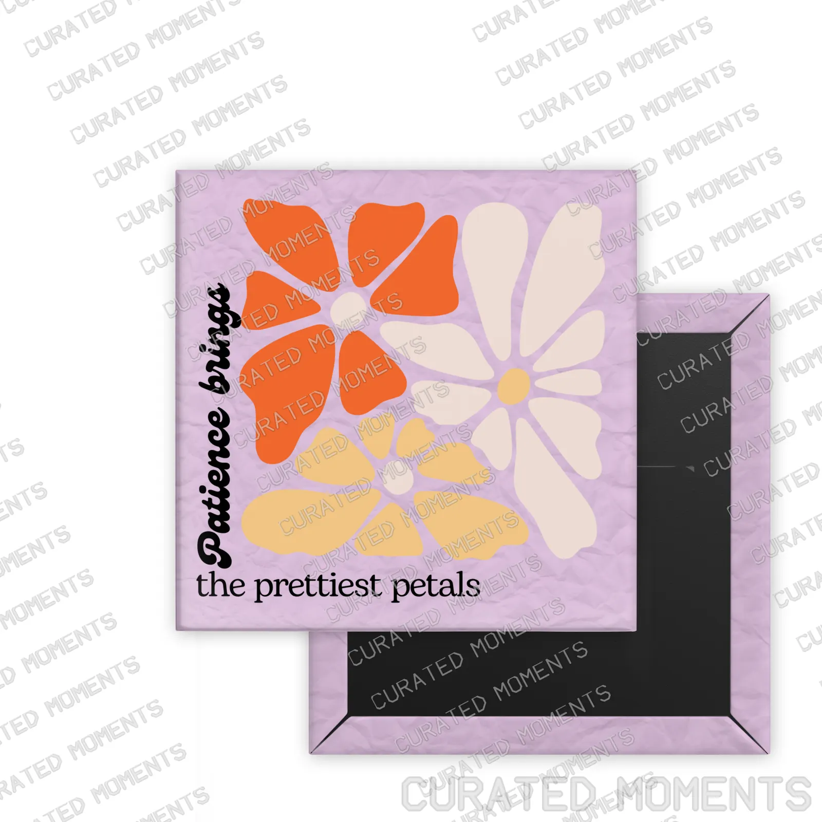 Prettiest Petals Daily Bloom square magnet mockup with orange, cream and yellow flowers on lavender