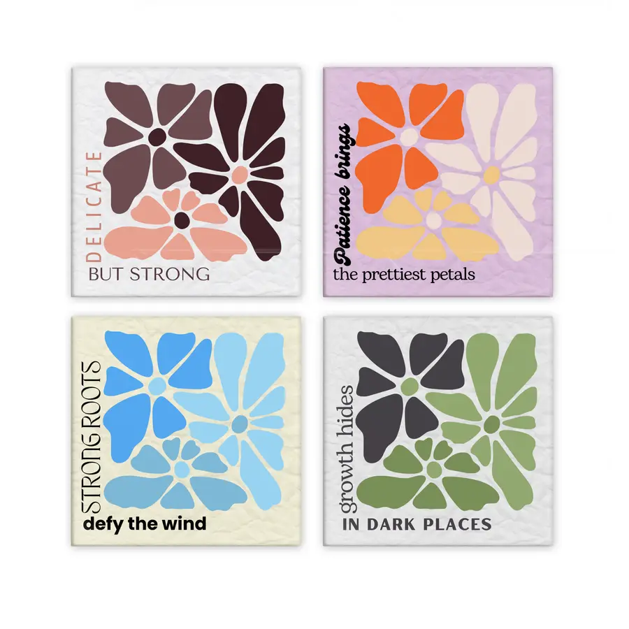 Rooted and Rising set of four square botanical magnets in burgundy, coral, blue and green colorways