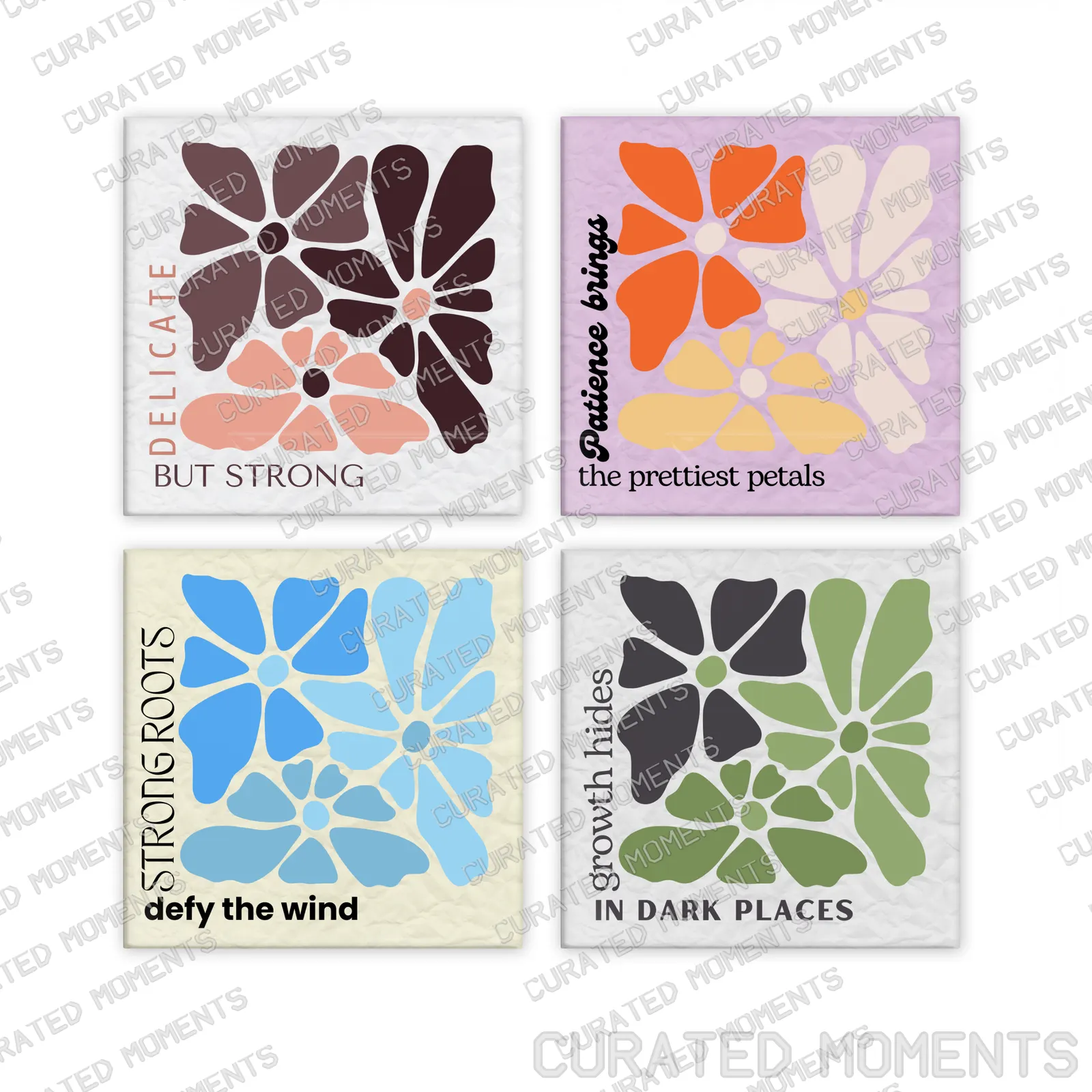 Rooted and Rising set of four square botanical magnets in burgundy, coral, blue and green colorways