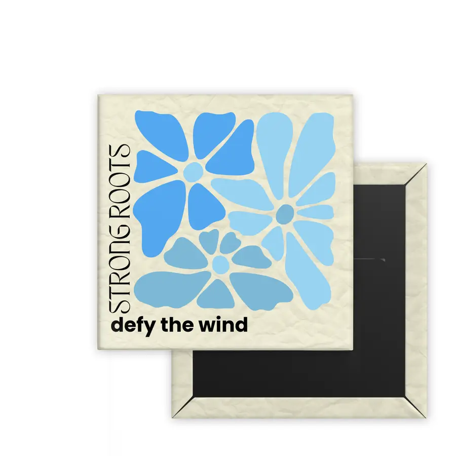 Strong Roots Daily Bloom square magnet mockup with blue botanical artwork on warm cream