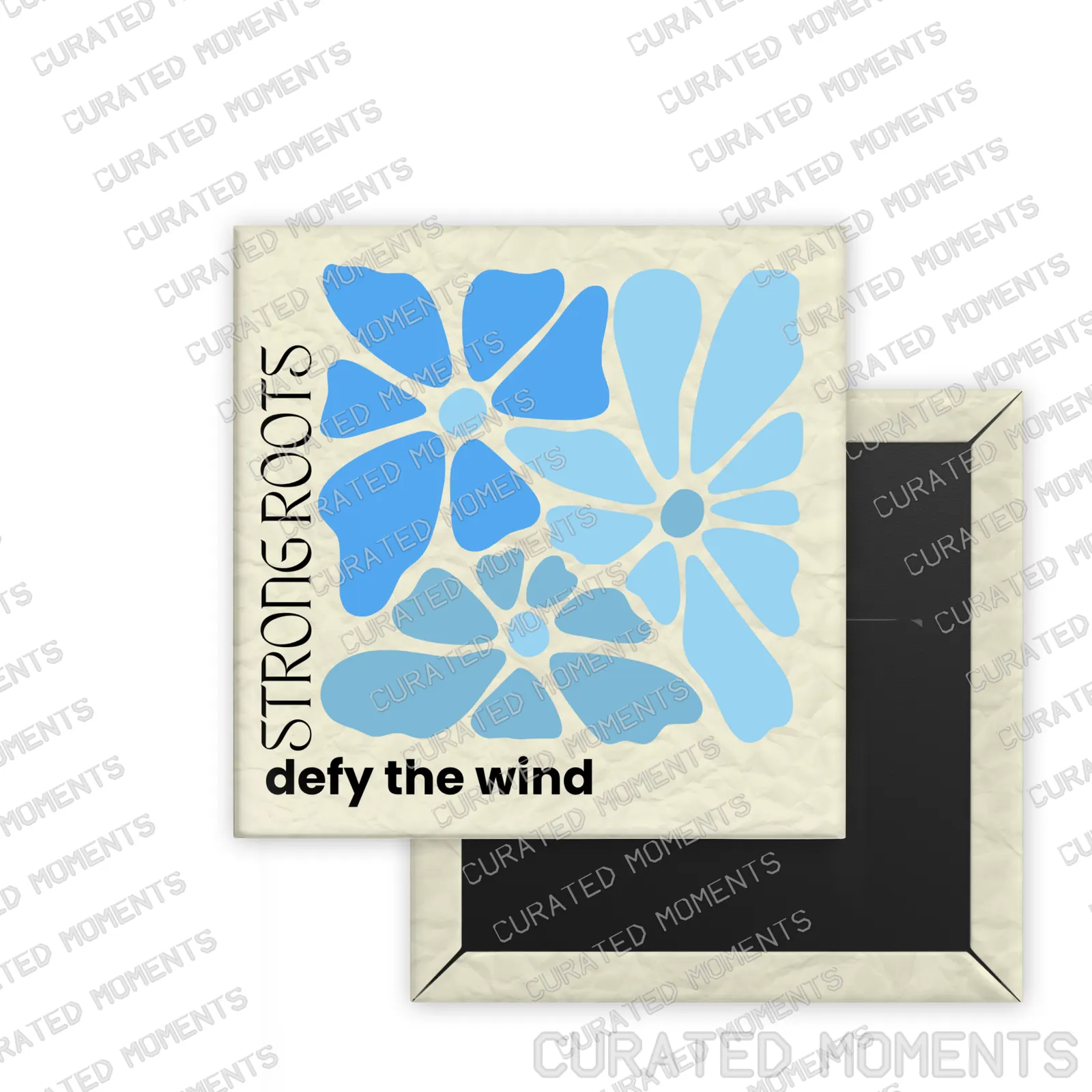 Strong Roots Daily Bloom square magnet mockup with blue botanical artwork on warm cream