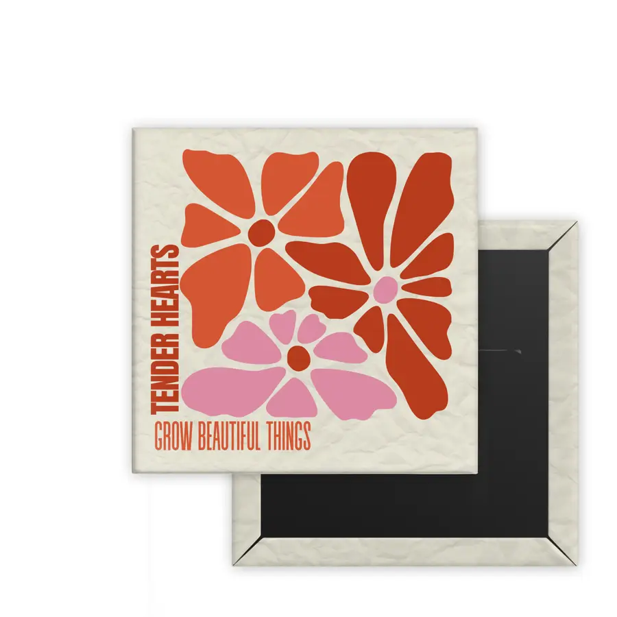 Tender Hearts Daily Bloom square magnet mockup with orange and pink botanical artwork on cream