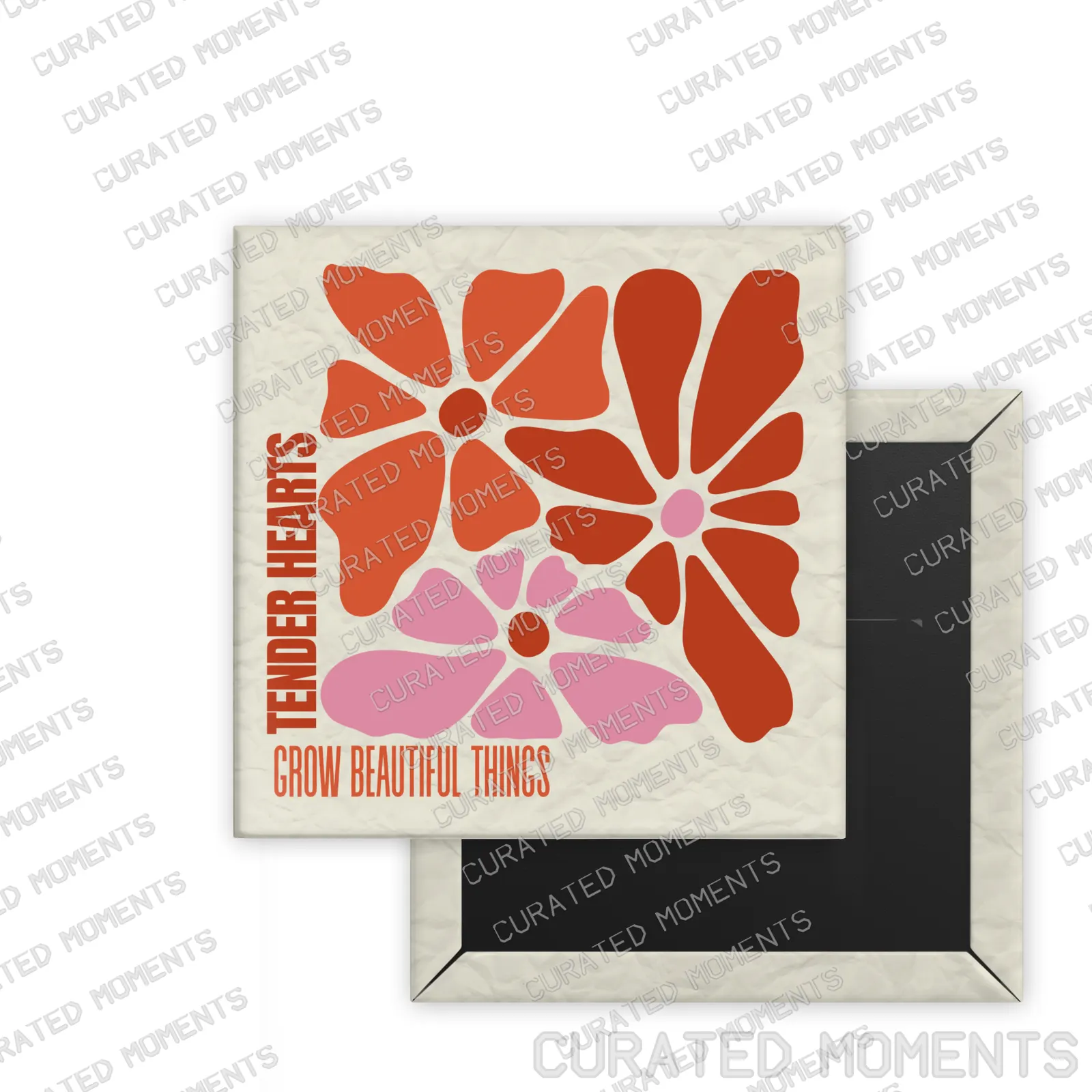 Tender Hearts Daily Bloom square magnet mockup with orange and pink botanical artwork on cream