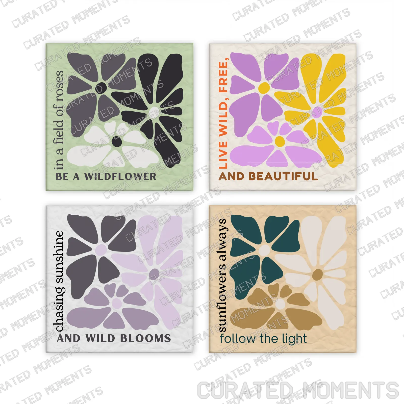 Wild and Free set of four square botanical magnets in green, purple, yellow, lilac, teal and sand colorways