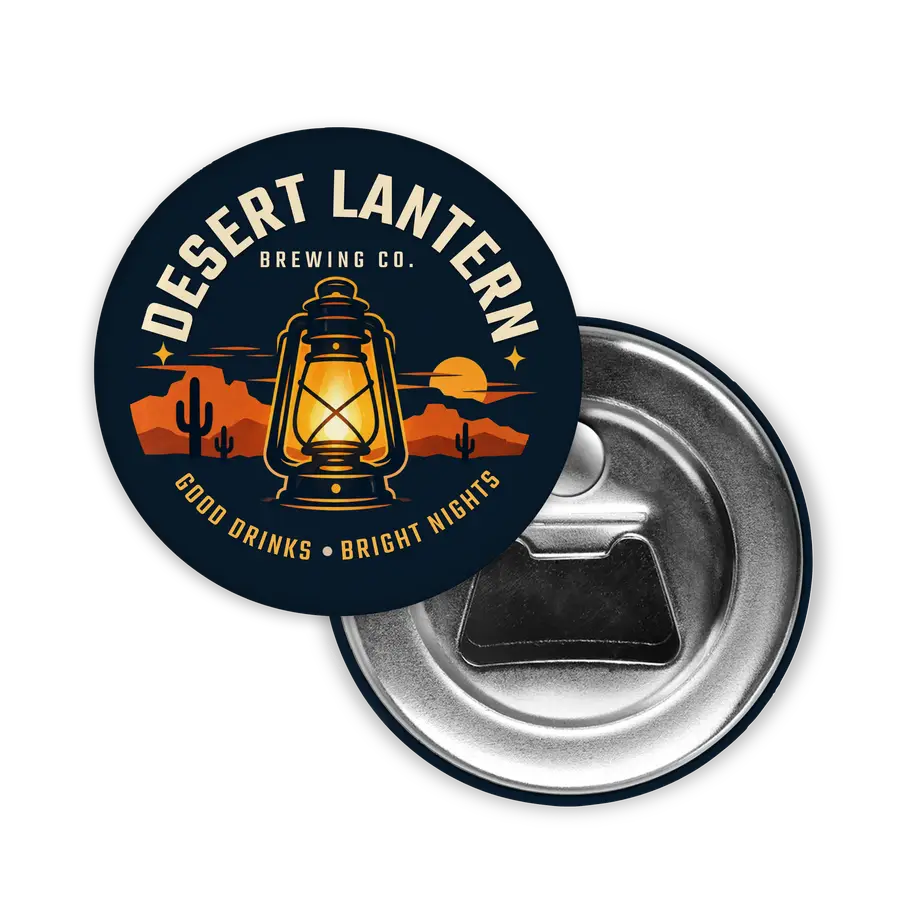 Desert Lantern branded magnetic bottle opener shown from the front and back