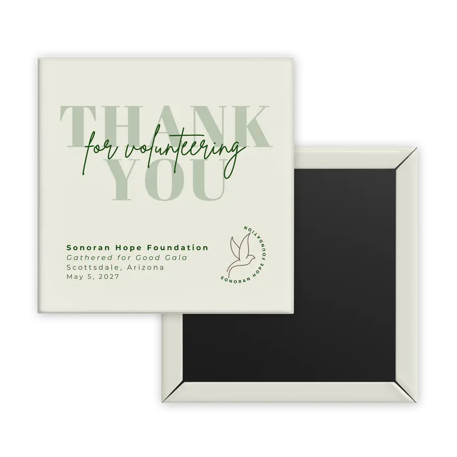 Thank you for volunteering event-favor magnet shown from the front and back