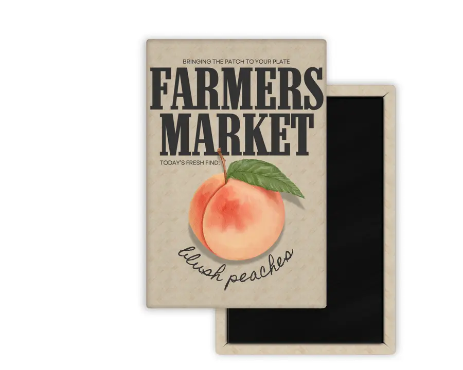 Blush Peaches Farmers Market portrait magnet mockup with watercolor peach artwork