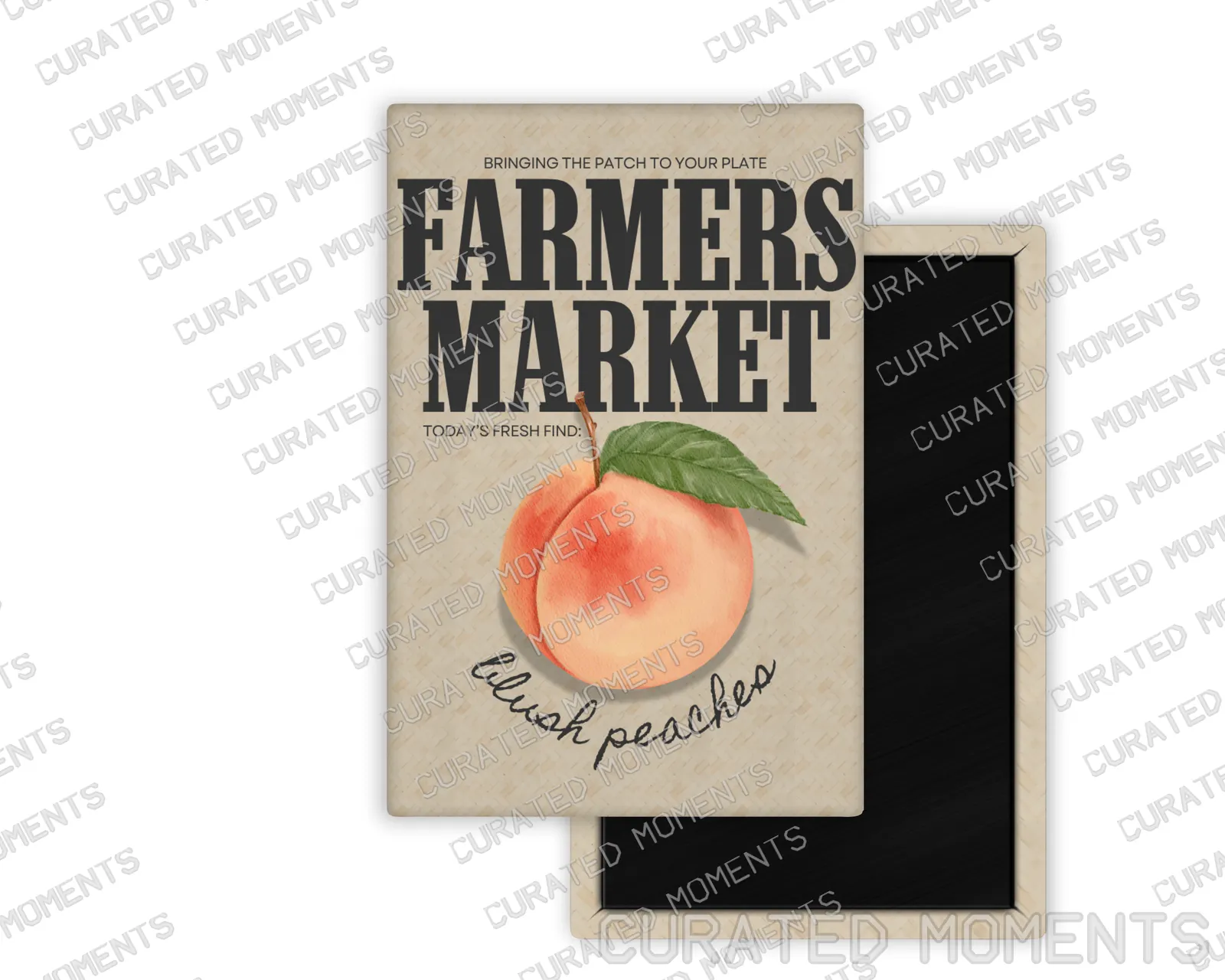Blush Peaches Farmers Market portrait magnet mockup with watercolor peach artwork