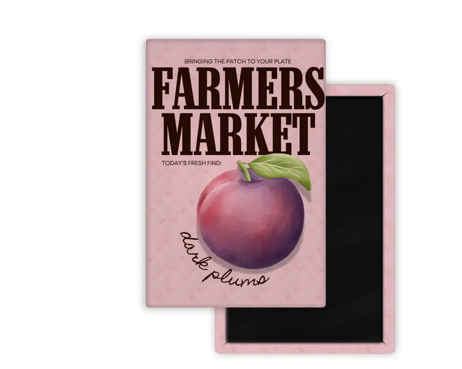 Dark Plums Farmers Market portrait magnet mockup with watercolor plum artwork on pink