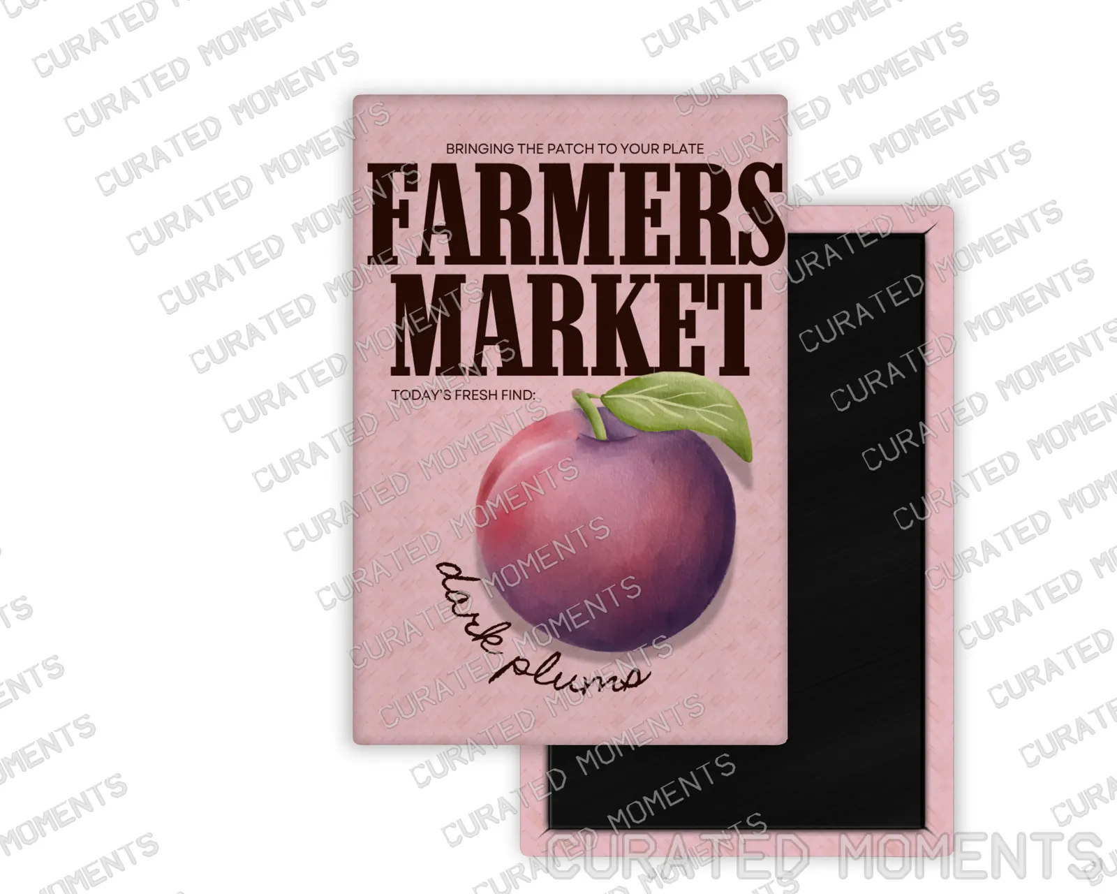 Dark Plums Farmers Market portrait magnet mockup with watercolor plum artwork on pink