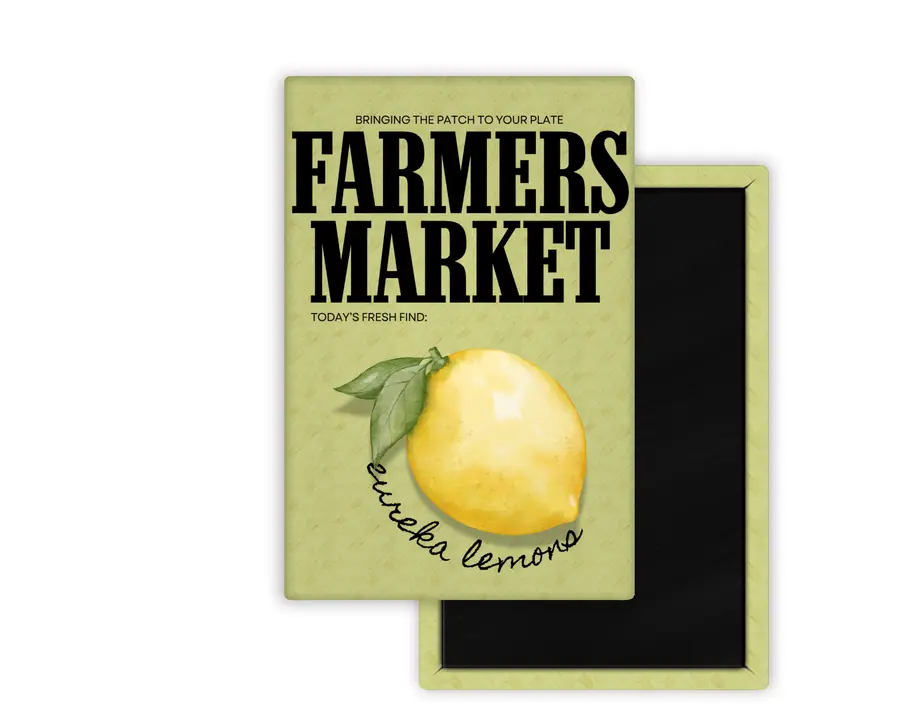 Eureka Lemons Farmers Market portrait magnet mockup with watercolor lemon artwork