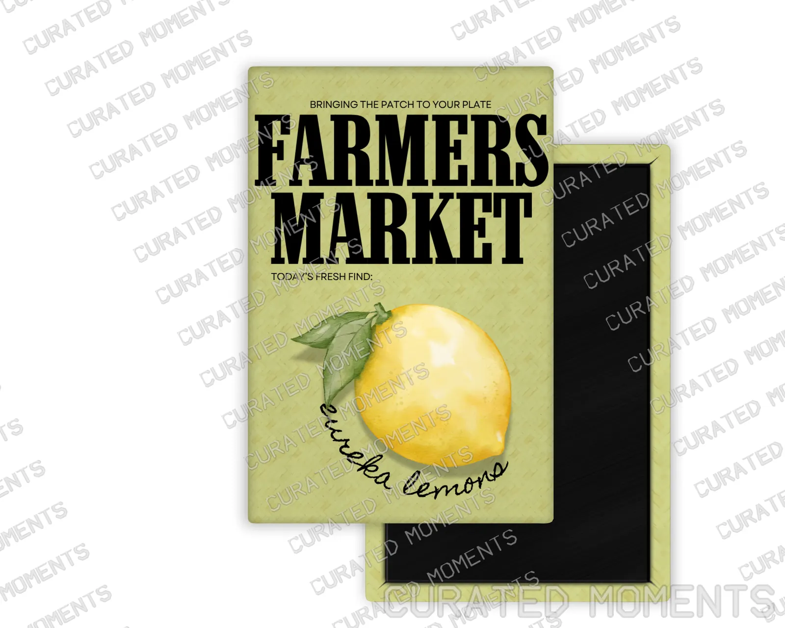Eureka Lemons Farmers Market portrait magnet mockup with watercolor lemon artwork