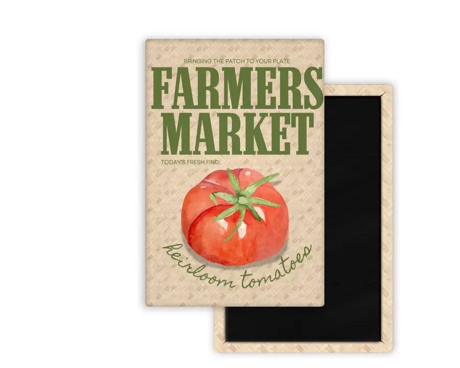 Heirloom Tomatoes Farmers Market portrait magnet mockup with watercolor tomato artwork